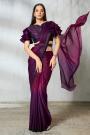 Pre-Draped Plum & Berry Satin Silk Embroidered Saree With Belt