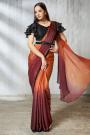 Pre-Draped Burnt Orange & Rust Satin Silk Embroidered Saree With Belt