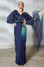 Pre-Draped Navy & Aqua Blue Satin Silk Embroidered Saree With Belt