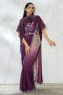 Pre-Draped Plum Satin Silk Embroidered Saree With Belt & Cape