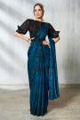 Pre-Draped Prussian Blue Satin Silk Embroidered Saree With Belt