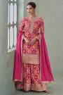 Magenta Pink Printed & Embroidered Chinon Silk Sharara Kurta Set