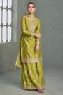 Lime Green Printed & Embroidered Chinon Silk Sharara Kurta Set