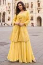 Yellow Georgette Embroidered Top & Palazzo Set With Long Flared Jacket