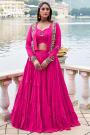 Fuchsia Pink Rayon Embroidered Navratri Tiered Skirt & Top With Jacket