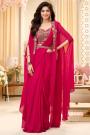 Pre-Draped Magenta Pink Georgette Embroidered Saree With Hand Work Blouse, Shrug, & Belt