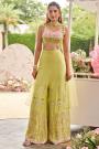 Lemon Green Silk Hand Embroidered Top & Palazzo Set With Choker Style Net Dupatta