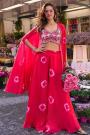 Pinkish Red Silk IndoWestern Embroidered Top & Palazzo Set With Cape