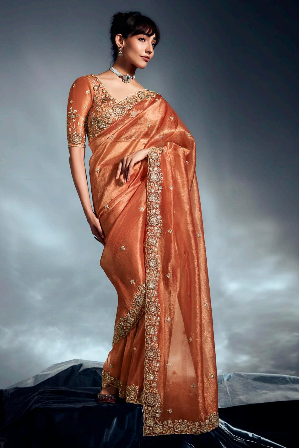 Dusky Orange Tissue Saree With Dense Embroidery main image 0
