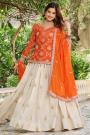 Orange & Ivory Embroidered Chinon Silk Long Kurti Lehenga Set