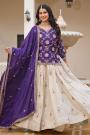 Purple & Ivory Embroidered Chinon Silk Long Kurti Lehenga Set