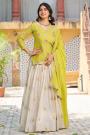 Lemon Yellow & Ivory Embroidered Chinon Silk Long Kurti Lehenga Set