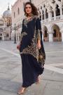 Deep Navy Crepe Silk Embroidered Indowestern Top, Dhoti Skirt, & Kaftan Set