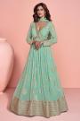 Mint Green Zari Woven Silk Anarkali Dress With Dupatta