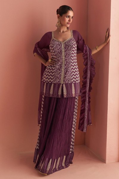 Plum Chinon Silk Printed & Embroidered Sharara Kurta Set Plum Chinon Silk Printed & Embroidered Sharara Kurta Set