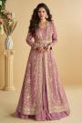 Dusty Rose Chinon Silk Anarkali Dress With Embroidered Full Length Jacket & Belt