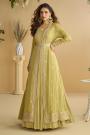 Light Lime Green Chinon Silk Anarkali Dress With Embroidered Full Length Jacket & Belt