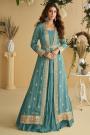 Pastel Blue Chinon Silk Anarkali Dress With Embroidered Full Length Jacket & Belt