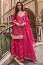 Fuchsia Pink Chinon Silk Printed & Embroidered Sharara Set