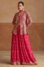 Fuchsia Pink Chinon Silk Embroidered Flared Palazzo & Top With Dupatta