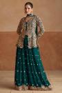 Bottle Green Chinon Silk Embroidered Flared Palazzo & Top With Dupatta