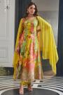 Lemony Yellow & Multicolor Printed & Hand Embroidered Chinon Silk Anarkali Set