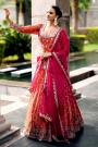 Deep Coral  Silk Hand Embroidered Long Kurti Blouse Lehenga Set with Magenta Pink Dupatta