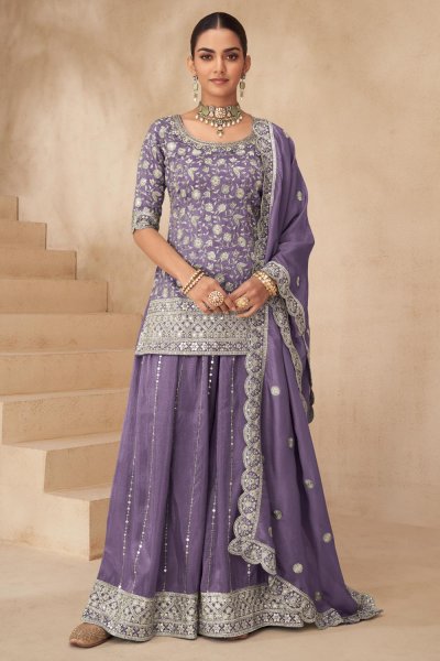 Lavender Silk Embroidered Sharara Kurta Set Lavender Silk Embroidered Sharara Kurta Set