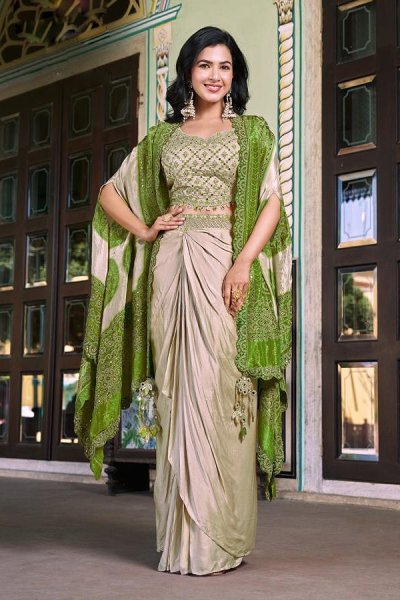 Ivory Beige& Green  Crepe Silk Embroidered Dhoti Skirt & Top Set With Silk Shrug