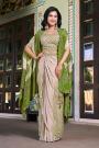 Ivory Beige& Green  Crepe Silk Embroidered Dhoti Skirt & Top Set With Silk Shrug