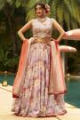 Beige & Multicolor Printed & Hand Embroidered Organza Silk Lehenga Set