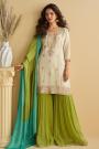 Ivory & Green Chinon Silk Embroidered & Bandhani Printed Sharara Kurta Set