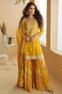 Mustard Chinon Silk Embroidered & Printed Sharara Kurta Set