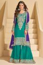 Teal Blue Chinon Silk Embroidered & Embellished Sharara Kurta Set