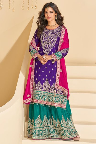 Purple, Teal, & Magenta Pink Chinon Silk Embroidered & Embellished Sharara Kurta Set Purple, Teal, & Magenta Pink Chinon Silk Embroidered & Embellished Sharara Kurta Set