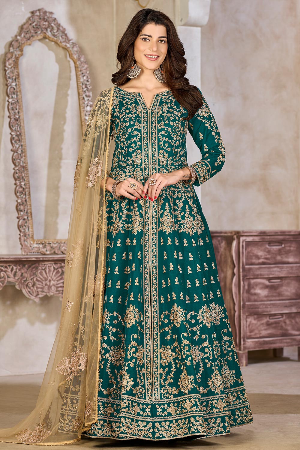 Teal Blue Embroidered Anarkali Set main image 0