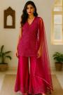 Magenta Pink Organza Silk Hand Embroidered Short Kurti With Bell Bottom Pants & Dupatta