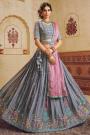 Purple Grey Silk Embroidered Lehenga Set With Belt