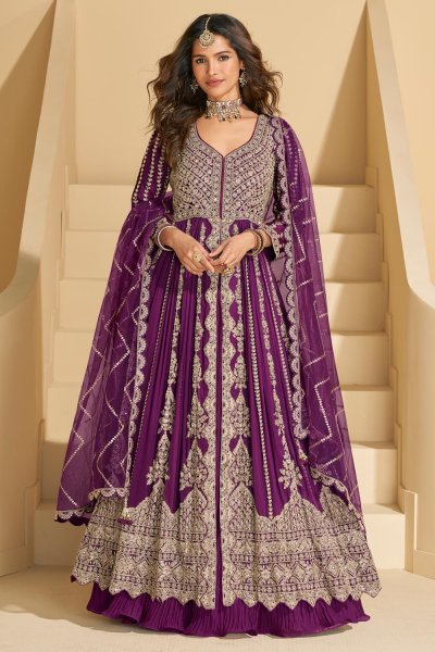 Plum Chinon Silk Front Slit Embroidered Anarkali Dress With Skirt Plum Chinon Silk Front Slit Embroidered Anarkali Dress With Skirt
