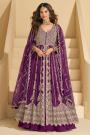Plum Chinon Silk Front Slit Embroidered Anarkali Dress With Skirt