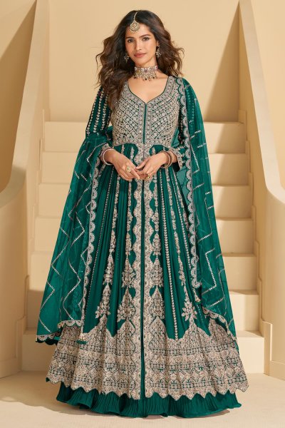 Bottle Green Chinon Silk Front Slit Embroidered Anarkali Dress With Skirt Bottle Green Chinon Silk Front Slit Embroidered Anarkali Dress With Skirt