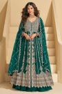Bottle Green Chinon Silk Front Slit Embroidered Anarkali Dress With Skirt