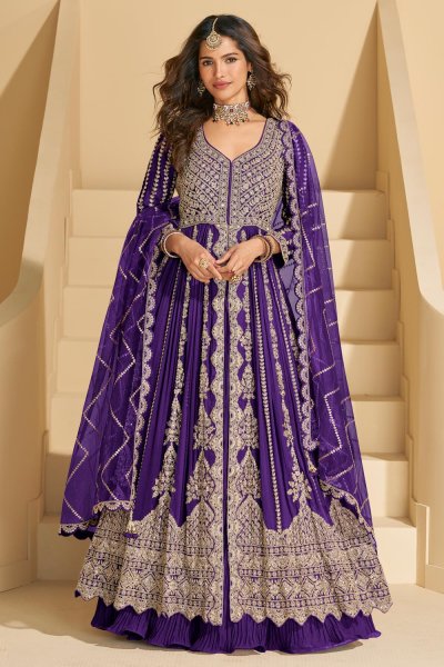 Purple Chinon Silk Front Slit Embroidered Anarkali Dress With Skirt Purple Chinon Silk Front Slit Embroidered Anarkali Dress With Skirt