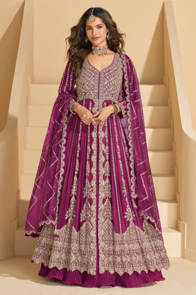 Deep Magenta Chinon Silk Front Slit Embroidered Anarkali Dress With Skirt Deep Magenta Chinon Silk Front Slit Embroidered Anarkali Dress With Skirt