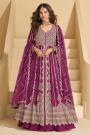 Deep Magenta Chinon Silk Front Slit Embroidered Anarkali Dress With Skirt