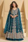 Prussian Blue Chinon Silk Front Slit Embroidered Anarkali Dress With Skirt