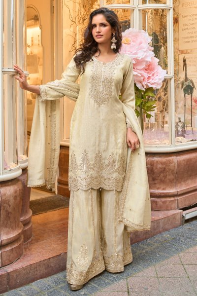 Ivory Zari Woven & Embroidered Silk Sharara Kurta Set Ivory Zari Woven & Embroidered Silk Sharara Kurta Set