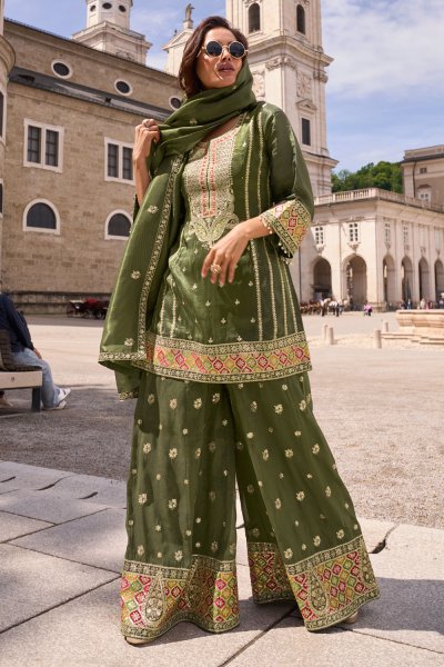 Fern Green Silk Embroidered Sharara Kurta Set