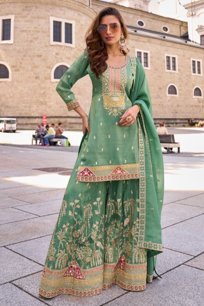 Aqua Silk Embroidered Sharara Kurta Set