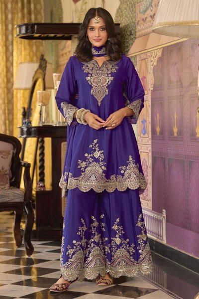Purple Chinon Silk Embroidered Kurta Set